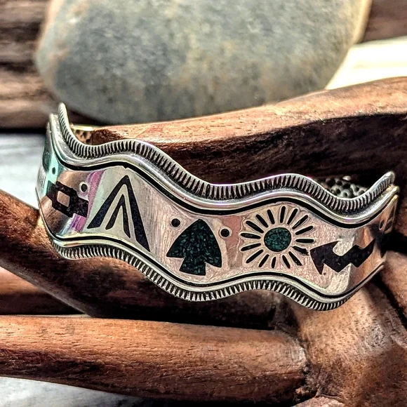 Carolyn Pollock Vintage Rare Storyteller Sterling & Inlay Stone Cuff Bracelet - Picture 3 of 10